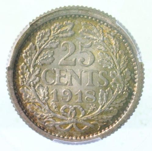 Nederland. Wilhelmina. 25 Cent 1918 in PCGS slab MS65 TOP, Postzegels en Munten, Munten | Nederland