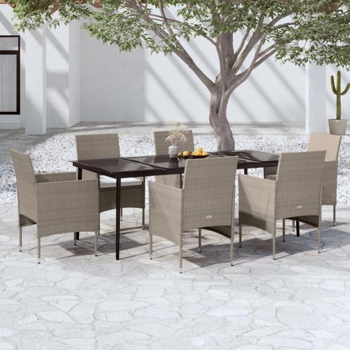 vidaXL 7-delige Tuinset met kussens beige en zwart, Tuin en Terras, Tuinsets en Loungesets, Tuinset, Nieuw, 6 zitplaatsen, Rotan