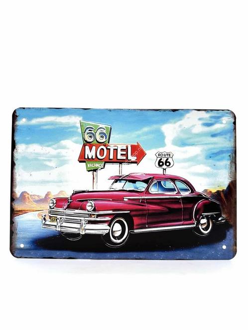 Metalen Wandbord - 66 motel - Route 66 - Vintage Auto, Huis en Inrichting, Woonaccessoires | Wanddecoraties, Ophalen of Verzenden