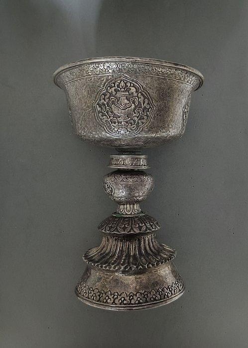Grote boterlamp 25 cm - 1083 g - Zilver - Tibet - laat 19e -, Antiek en Kunst, Antiek | Goud en Zilver