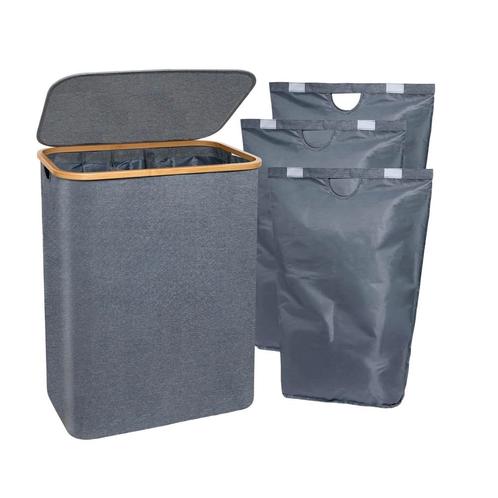 Wasmand met 3 Vakken Met Deksel - Grijs - 160L -, Huis en Inrichting, Badkamer | Badtextiel en Accessoires, Nieuw, Verzenden