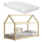 Kinderbed grenen bed huisbed 200x90 met matras houtkleurig, Verzenden, Nieuw