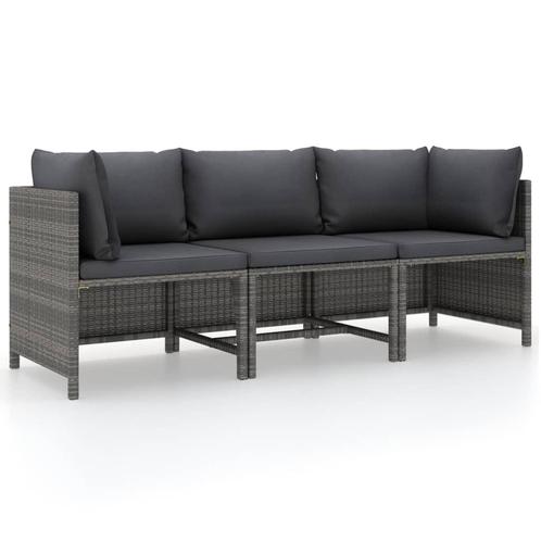 vidaXL Tuinbank 3-zits met kussens poly rattan grijs, Tuin en Terras, Tuinsets en Loungesets, Nieuw, Rotan, Verzenden