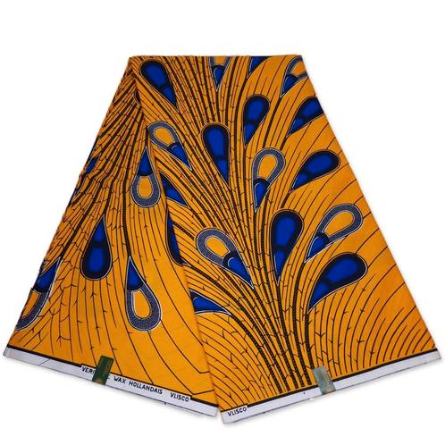 VLISCO stof Hollandais Afrikaanse Wax print - Geel / Blauwe, Hobby en Vrije tijd, Stoffen en Lappen, Nieuw, Ophalen of Verzenden