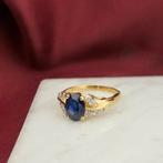 Gouden ring met saffier en diamant | 0,06 ct., Sieraden, Tassen en Uiterlijk, Ringen, Gebruikt, Overige kleuren, Ophalen of Verzenden