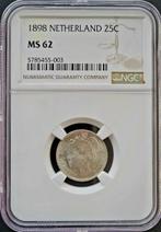 Koningin Wilhelmina 25 cent 1898 MS62 gecertificeerd NGC, Zilver, Losse munt, Verzenden