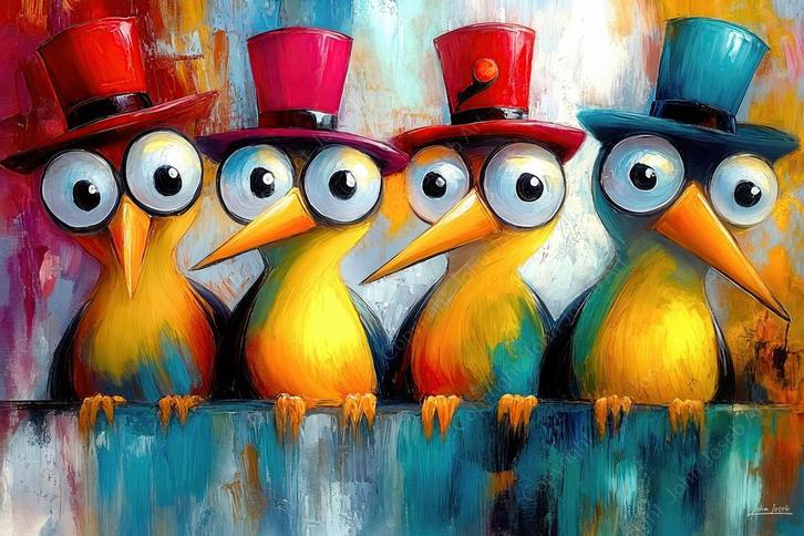 John Joseb Art glasschilderij vogels humor hoed bolle ogen, Huis en Inrichting, Woonaccessoires | Schilderijen, Tekeningen en Foto's