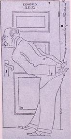 André Tardieu luistert mee achter een deur op spotprent, Antiek en Kunst, Kunst | Litho's en Zeefdrukken, Verzenden