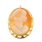 Gouden broche/hanger met camee en diamant | 0,01 ct., Ophalen of Verzenden, Gebruikt, Goud, Overige merken