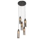 Moderne hanglamp zwart met smoke glas 5-lichts - Stavelot, Nieuw, Glas, Modern, 75 cm of meer