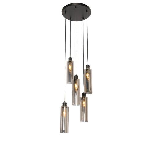 Moderne hanglamp zwart met smoke glas 5-lichts - Stavelot, Huis en Inrichting, Lampen | Hanglampen, Nieuw, Glas, 75 cm of meer