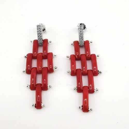Bloedkoraal - Zilver - Oorbellen - met de hand gemaakt, Verzamelen, Mineralen en Fossielen