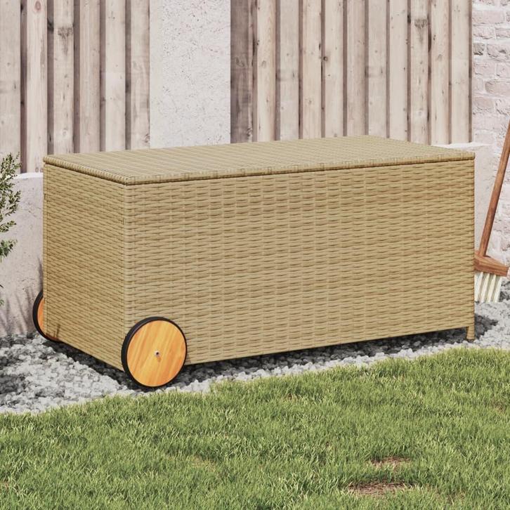 vidaXL Tuinbox met wielen 190 L poly rattan gemengd beige, Tuin en Terras, Overige Tuin en Terras, Nieuw, Verzenden