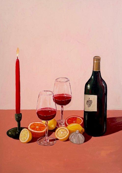 Cansu Rossi - Red Candle, Red Wine - Oil painting, Antiek en Kunst, Kunst | Schilderijen | Modern