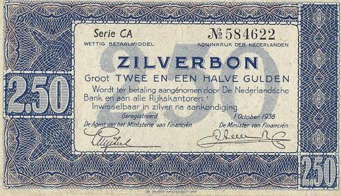 Zilverbon 2,5 gulden 1938 Prachtig, Postzegels en Munten, Bankbiljetten | Nederland, Verzenden