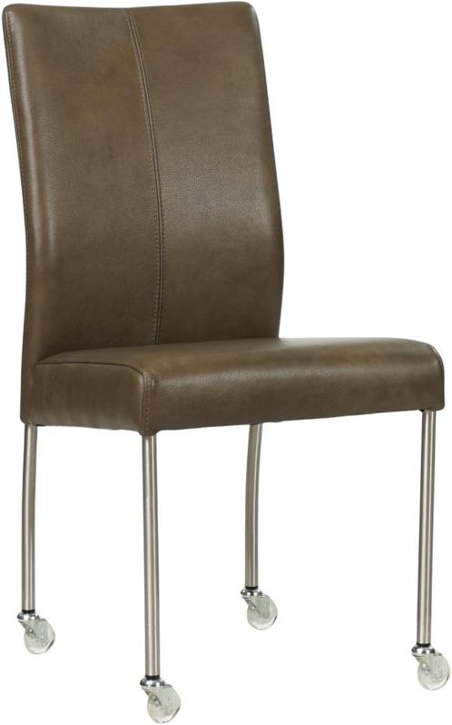 Grijze leren moderne eetkamerstoel - poot rond rvs met wiel, Huis en Inrichting, Stoelen, Eén, Overige kleuren, Nieuw, Leer, Ophalen of Verzenden