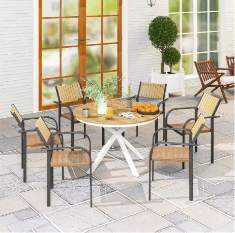 Ronde Tuintafel Ø118 cm – Teaklook Blad en Aluminium Frame, Tuin en Terras, Tuintafels, Nieuw, Verzenden