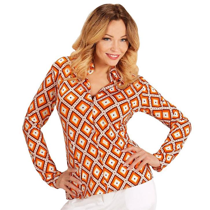 Disco 70S Blouse Oranje Dames Ruit, Kleding | Dames, Carnavalskleding en Feestkleding, Nieuw, Verzenden