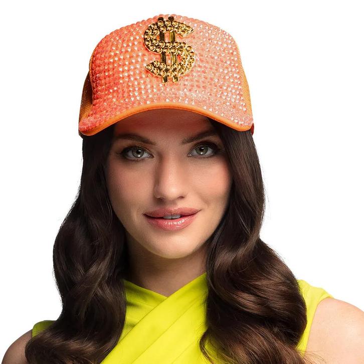 Neon Oranje Dollar Pet met Strass, Hobby en Vrije tijd, Feestartikelen, Nieuw, Ophalen of Verzenden