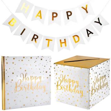 Verjaardagset Happy Birthday: slinger,gastenboek en moneybox beschikbaar voor biedingen