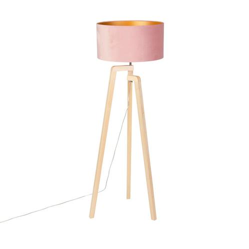 Vloerlamp tripod hout met roze velours kap 50 cm - Puros, Huis en Inrichting, Lampen | Vloerlampen, Nieuw, Overige materialen