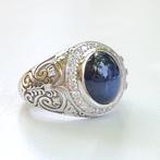 Natural Blue Star Sapphire Diamond Ring - 14 karaat Witgoud