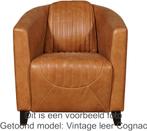 Donkergrijze leren landelijke kuipstoel - poot hout zwart -, Huis en Inrichting, Fauteuils, Klassiek, Nieuw, Ophalen of Verzenden