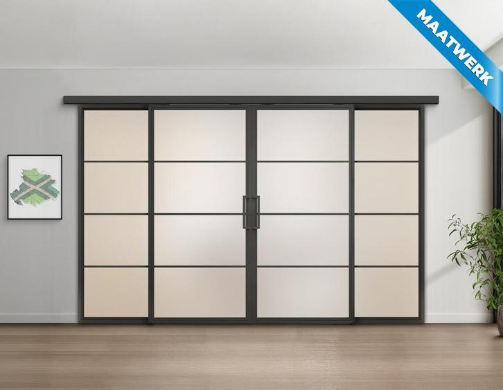 Dubbele stalen Schuifdeuren met koofsysteem en glaspanelen 4, Doe-het-zelf en Verbouw, Kozijnen en Schuifpuien, Nieuw, Inclusief glas