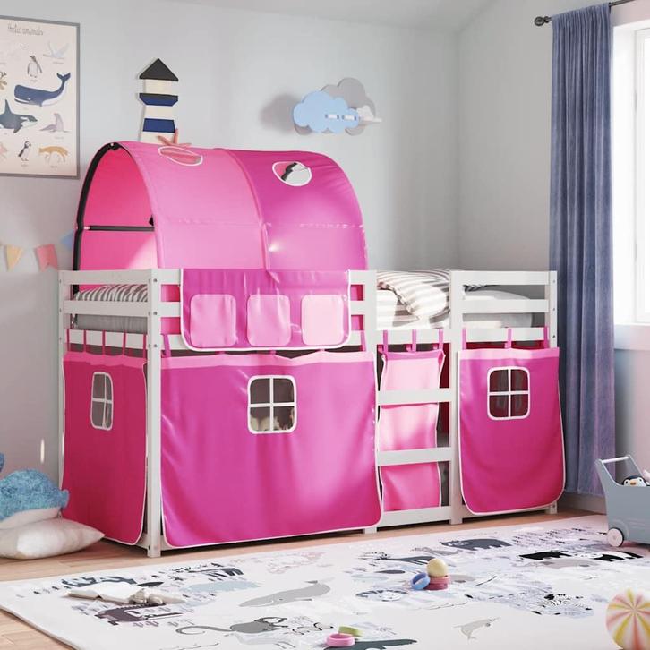 vidaXL Stapelbed met gordijnen 90x200 cm grenenhout roze, Huis en Inrichting, Slaapkamer | Bedden, 90 cm, 200 cm, Eenpersoons