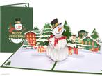 Pop-up Kerstkaart Sneeuwpop met besneeuwde dennenbomen, Diversen, Wenskaarten, Verzenden, Nieuw
