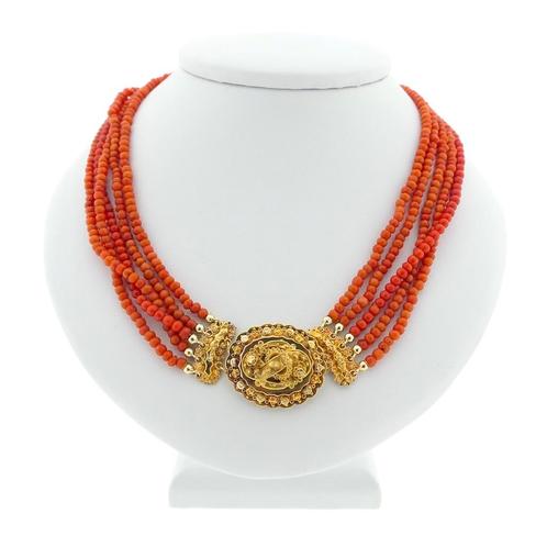 Antieke bloedkoralen kralen collier met gouden sierslot a..., Sieraden, Tassen en Uiterlijk, Kettingen, Overige kleuren, Gebruikt