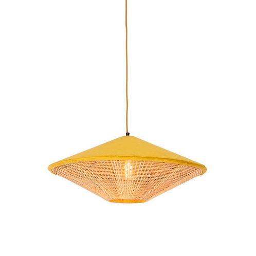 Landelijke hanglamp geel velours met rotan 60cm - Frills Can, Huis en Inrichting, Lampen | Hanglampen, Nieuw, Overige materialen