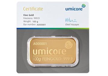 Umicore Goudbaar 100 gram met certificaat | Goudonline