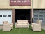 Bankstel SENIOREN creme leer 2,5+1+1 zit bank en fauteuils, Zo goed als nieuw, Rechte bank, Senioren, Leer