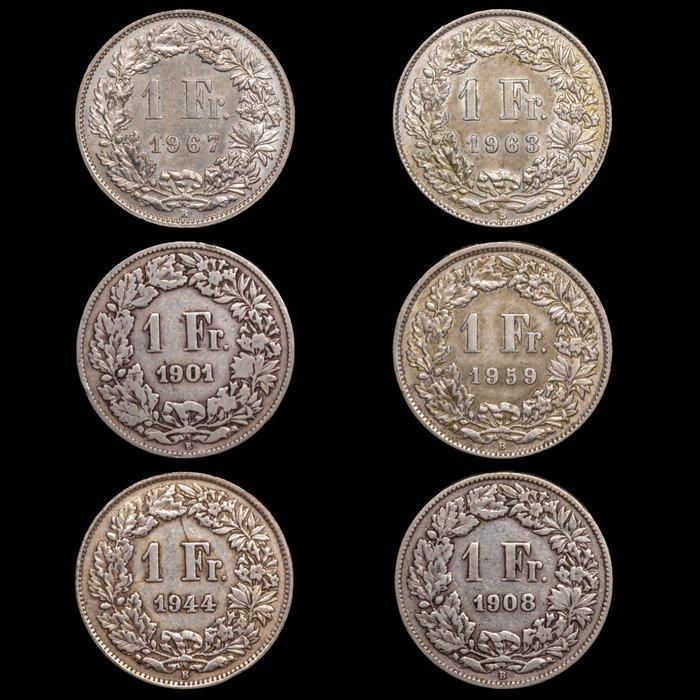 Zwitserland. 1 Franc 1901 -1967 / 6 monedas (Zonder, Postzegels en Munten, Munten | Europa | Niet-Euromunten