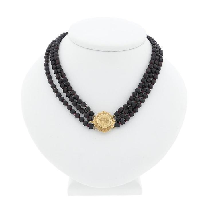 Antieke granaat kralen collier met gouden sier slot., Sieraden, Tassen en Uiterlijk, Kettingen, Overige kleuren, Gebruikt, Met edelsteen