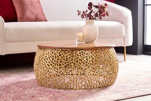 Ronde salontafel ABSTRACT LEAF 75cm goud metaal acaciahout, Huis en Inrichting, Tafels | Salontafels, Ophalen of Verzenden