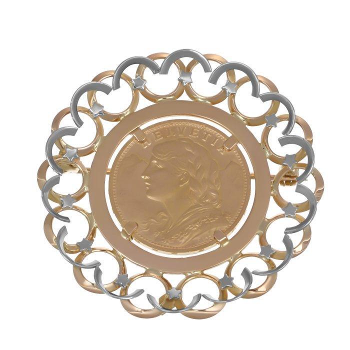 Broche - 18 karaat Geel goud, Witgoud, 20 Frank Swiss 22 Kt, Sieraden, Tassen en Uiterlijk, Antieke sieraden