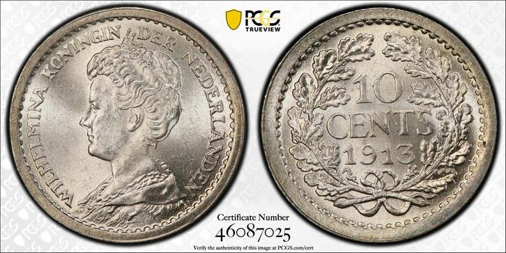 Koningin Wilhelmina 10 cent 1913 PCGS MS65 gecertificeerd, Postzegels en Munten, Munten | Nederland, Losse munt, 10 cent, Koningin Wilhelmina
