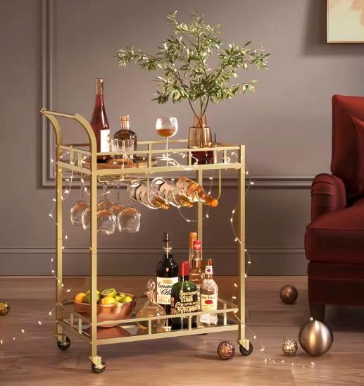 Gouden Serveerwagen met Glashouders – 90 cm Hoog, Huis en Inrichting, Tafels | Eettafels, Nieuw, Verzenden