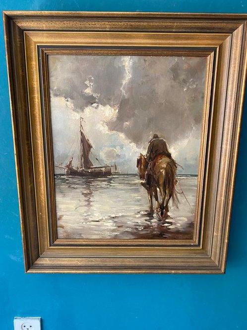 W. v.d. Burch (XX) - Kustgezicht met schip en man op paard, Antiek en Kunst, Kunst | Schilderijen | Klassiek