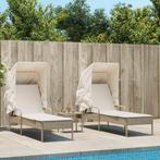 vidaXL Ligbedden 2 st met luifels en tafel poly rattan beige, Verzenden, Nieuw