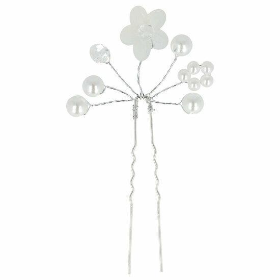 Haarspeld Haarpin 8cm - Bloem Parel Kralen - Wit Zilver, Sieraden, Tassen en Uiterlijk, Uiterlijk | Haarverzorging