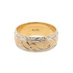 Bicolor gouden heren ring met gravures (witgoud, unisex), Gebruikt, Overige kleuren, 19 tot 20, Ophalen of Verzenden