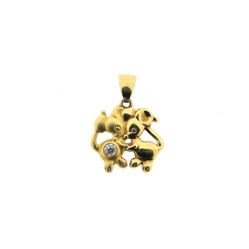 Gouden hanger van twee muizen met zirconia (kettinghanger), Sieraden, Tassen en Uiterlijk, Bedels, Gebruikt, Overige merken, Goud