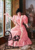 Henry Jambois (XIX-XX) - Woman in a pink dress at a spinning, Antiek en Kunst, Kunst | Schilderijen | Klassiek