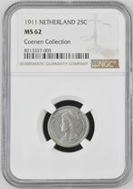 Koningin Wilhelmina 25 cent 1911 MS62 NGC Ex Coenen Coll., Verzenden, Zilver, 25 cent, Koningin Wilhelmina
