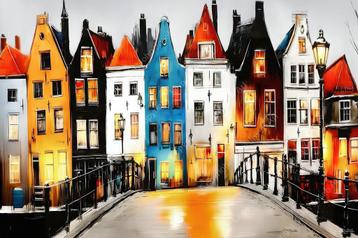 John Joseb Art schilderij Amsterdam, abstract, brug, huizen beschikbaar voor biedingen