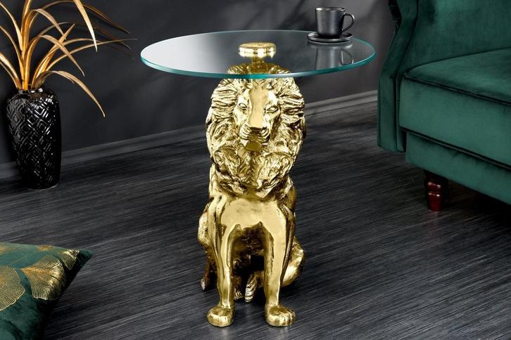 Ronde bijzettafel WILDLIFE LION 60cm Goud Antiek Metaal Glas, Huis en Inrichting, Tafels | Sidetables, Ophalen of Verzenden