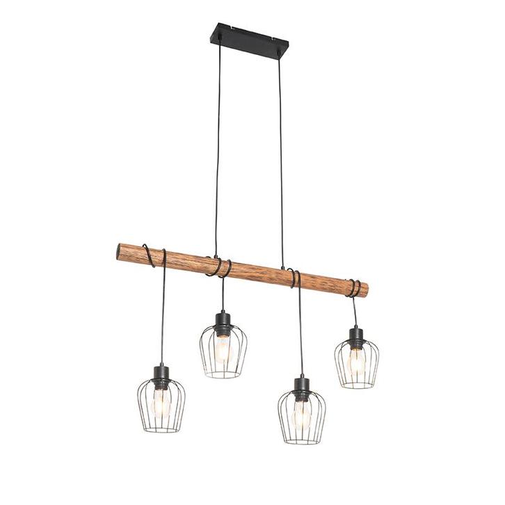 Landelijke hanglamp zwart met hout 4-lichts - Stronk, Huis en Inrichting, Lampen | Hanglampen, Nieuw, Overige materialen, 75 cm of meer
